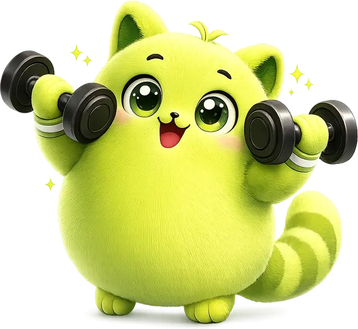The Dumbly mascot, a round lime-green cat, lifting two dumbbells