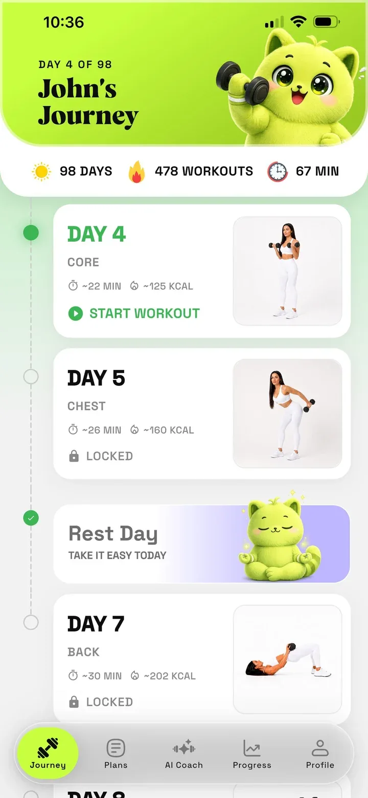 Personalized plan with workout days for core, chest and back, and a rest day