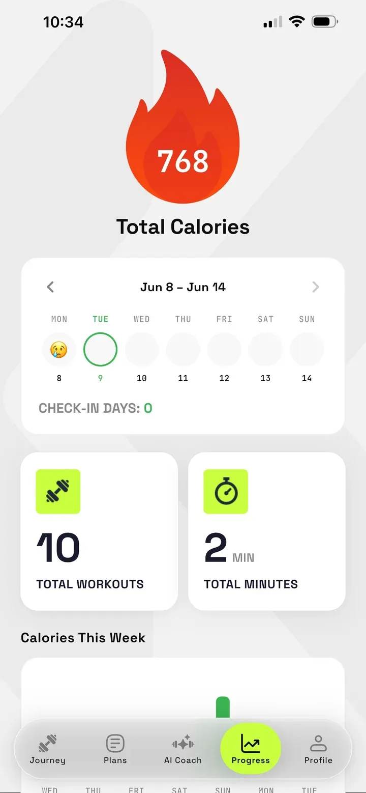 Progress screen with a calorie total, weekly check-in calendar, 10 total workouts and minutes